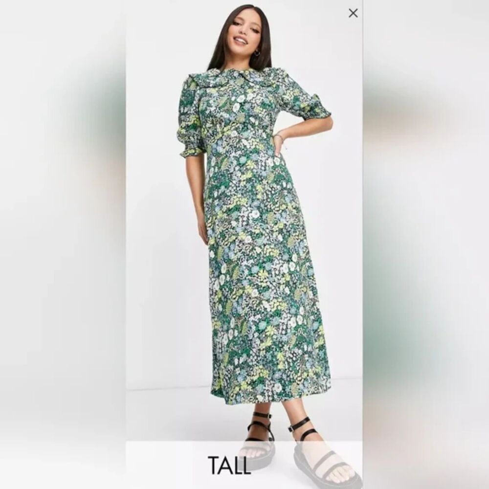 New Look Tall NWT Collared Puff Sleeve Maxi Dress Floral Size 10 T Cottage Cute